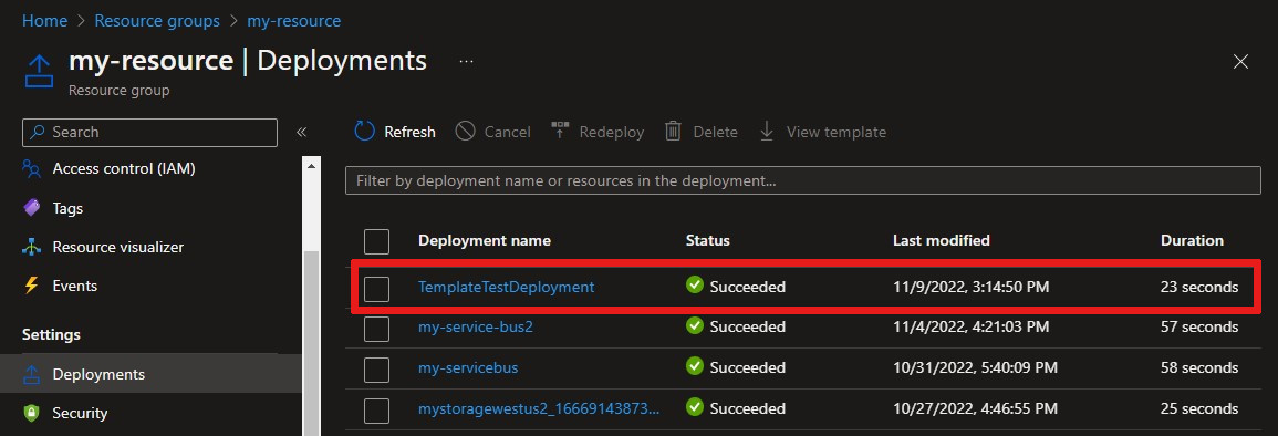 Screenshot that shows a list of deployments for a resource in the Azure portal, with a test template highlighted.