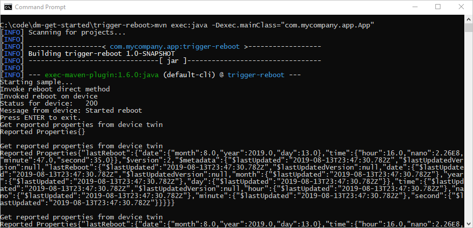 Java IoT Hub service app to call the reboot direct method