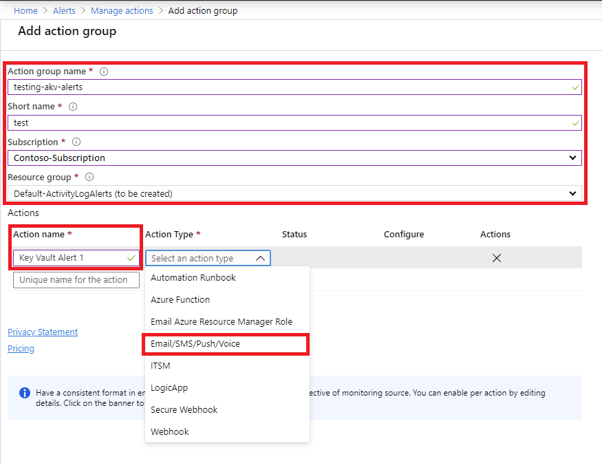 Screenshot that highlights the selections for adding an action group.