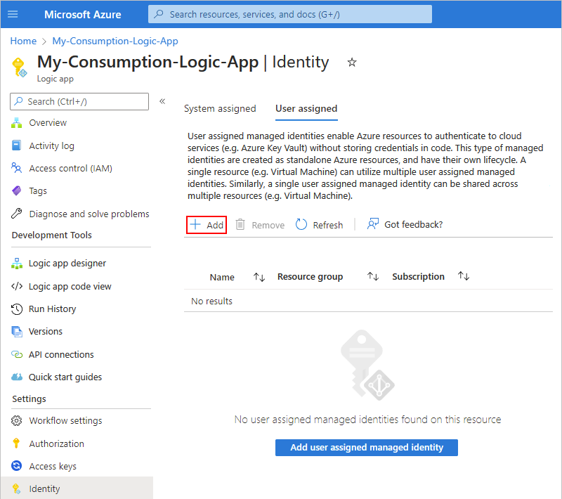 Screenshot shows Consumption logic app and Identity page with selected option for Add.