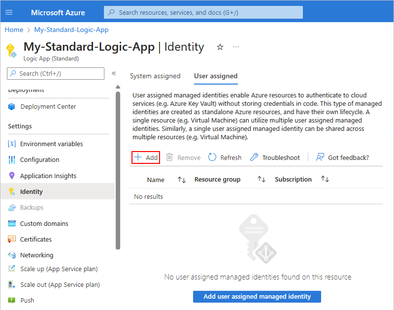 Screenshot shows Standard logic app and Identity page with selected option for Add.
