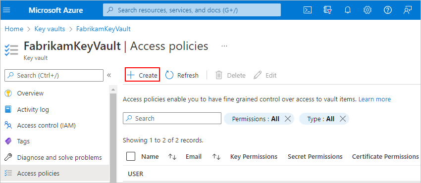 Screenshot shows Azure portal and key vault example with open pane named Access policies.
