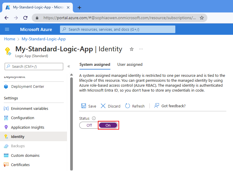 Screenshot shows Azure portal, Standard logic app, Identity page, and System assigned tab with selected options for On and Save.