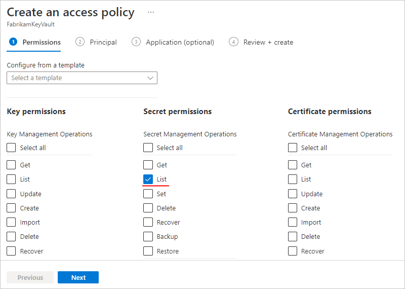 Screenshot shows Permissions tab with selected List permissions.