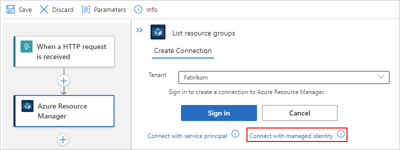 Screenshot shows Standard workflow and Azure Resource Manager action with selected option for Connect with managed identity.