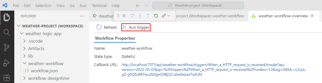Screenshot that shows Visual Studio Code and workflow's opened Overview page.