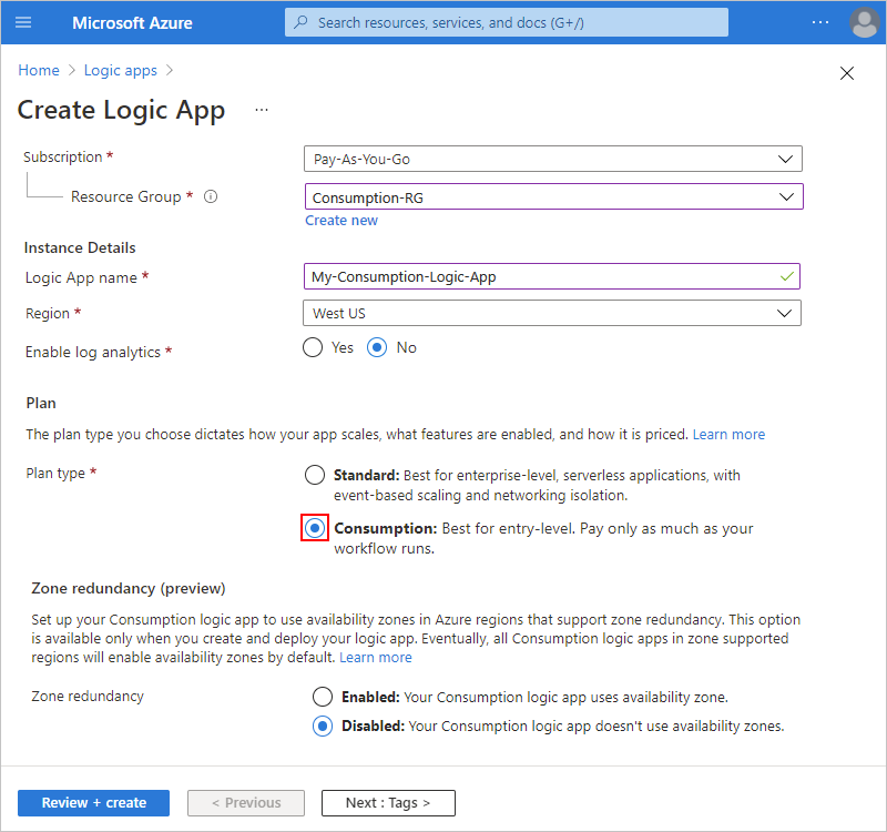 Screenshot showing the Azure portal and logic app resource creation page with details for new logic app.
