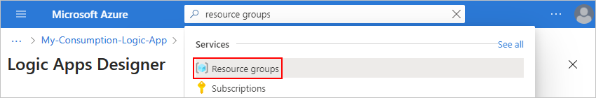 Screenshot showing the Azure portal search box with the search term, "resource groups".