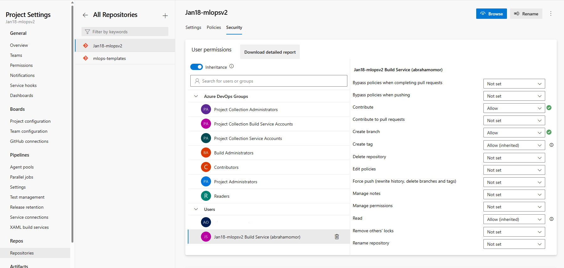 Screenshot of Azure DevOps permissions.