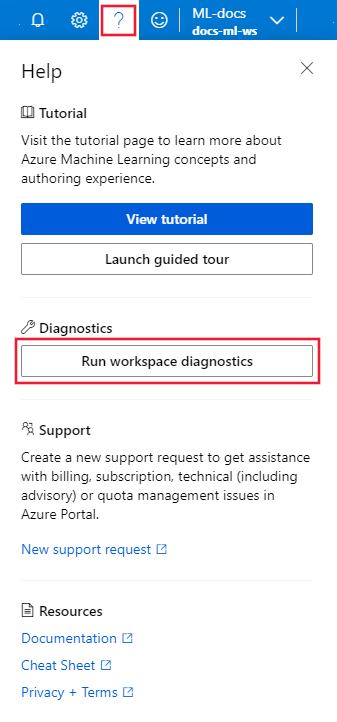 Screenshot of the workspace diagnostics button