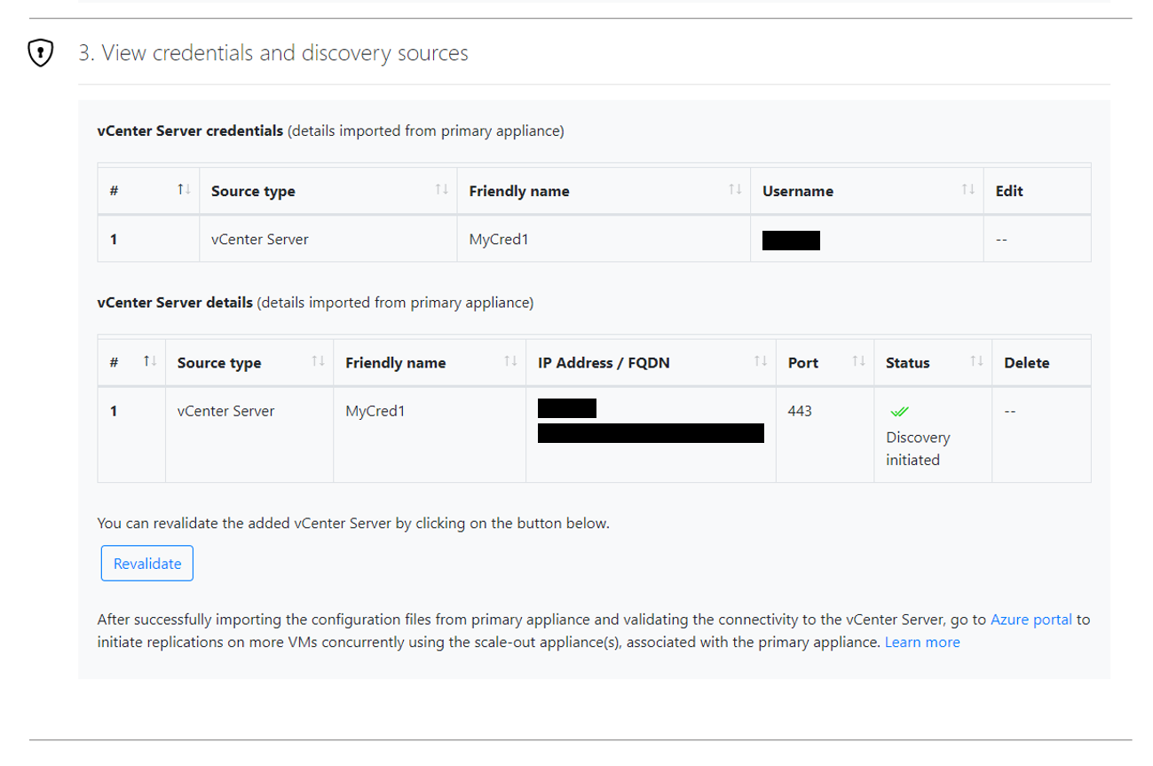 Screenshot shows view credentials and discovery sources to be validated.