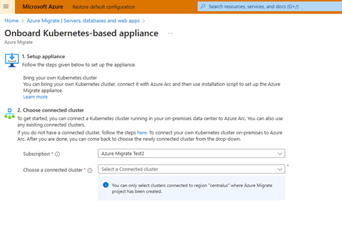 Screenshot displays Choose cluster option in the Onboard Kubernetes appliance screen.