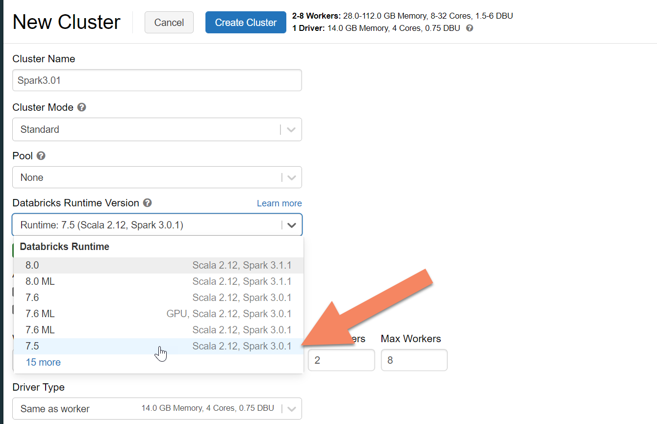 Screenshot that shows finding the Azure Databricks runtime version.