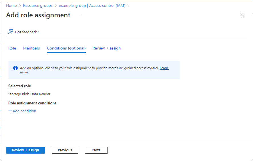 Screenshot of Add role assignment page with Add condition tab for preview experience.