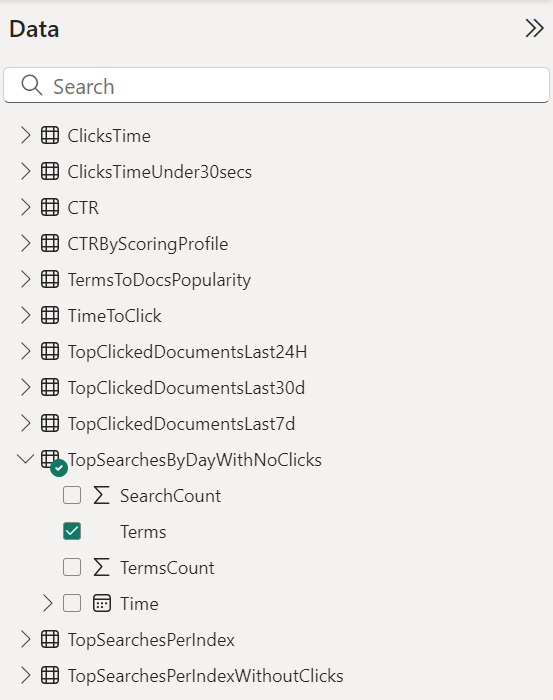 Screenshot showing the available schema elements in the data catalog. 