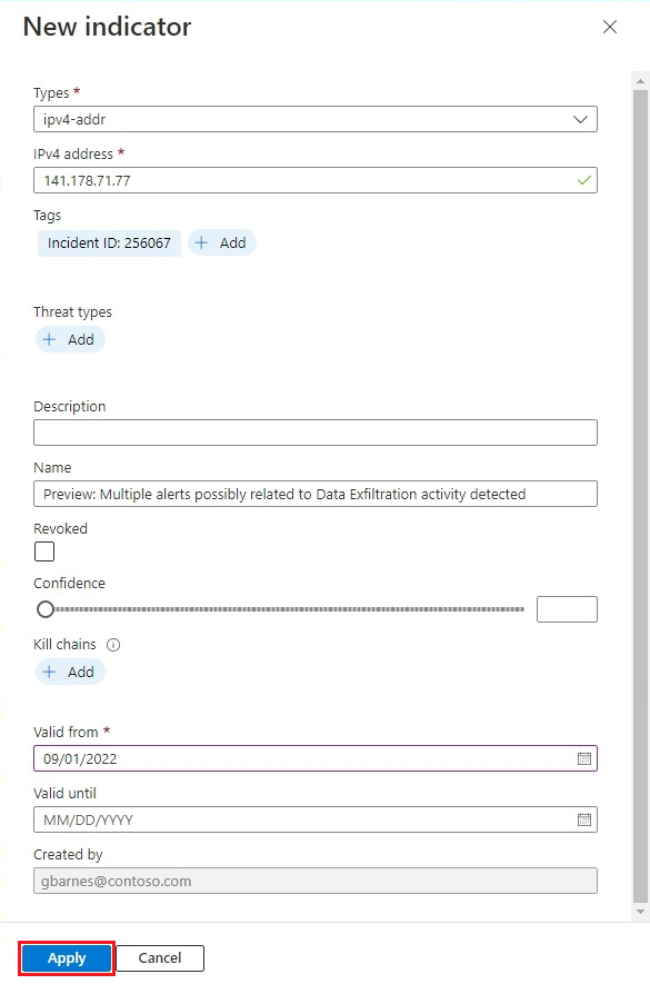 Screenshot that shows entering information in the new threat indicator pane.