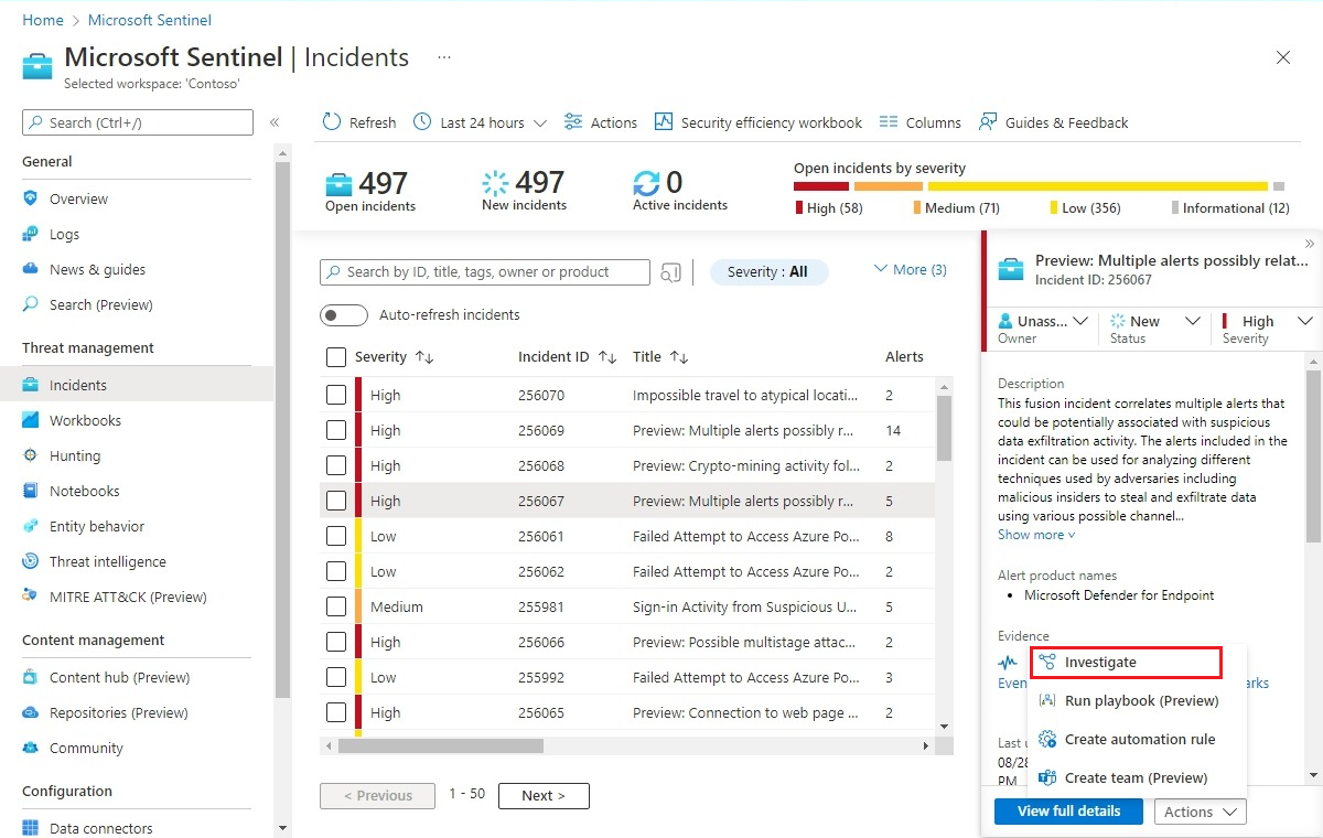 Screenshot that shows selecting an incident from the list to investigate.