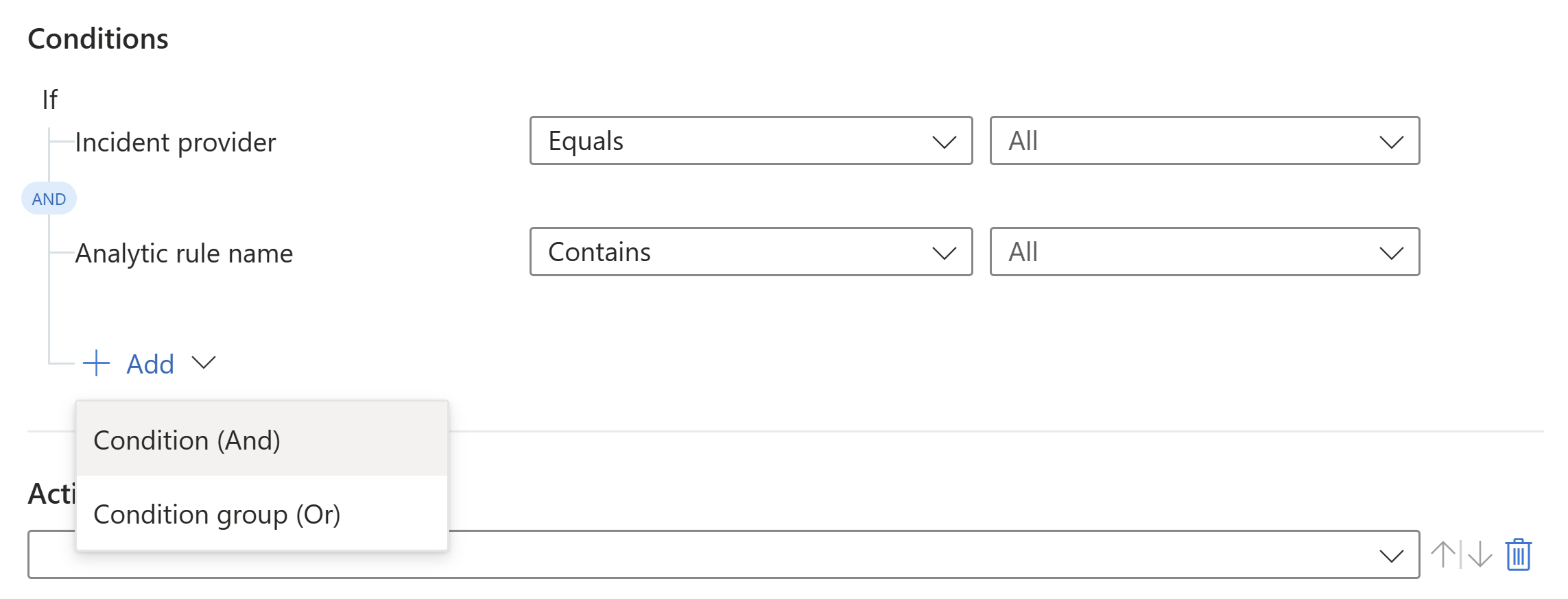 Screenshot of automation rule conditions when the workspace isn't onboarded to the unified security operations platform.