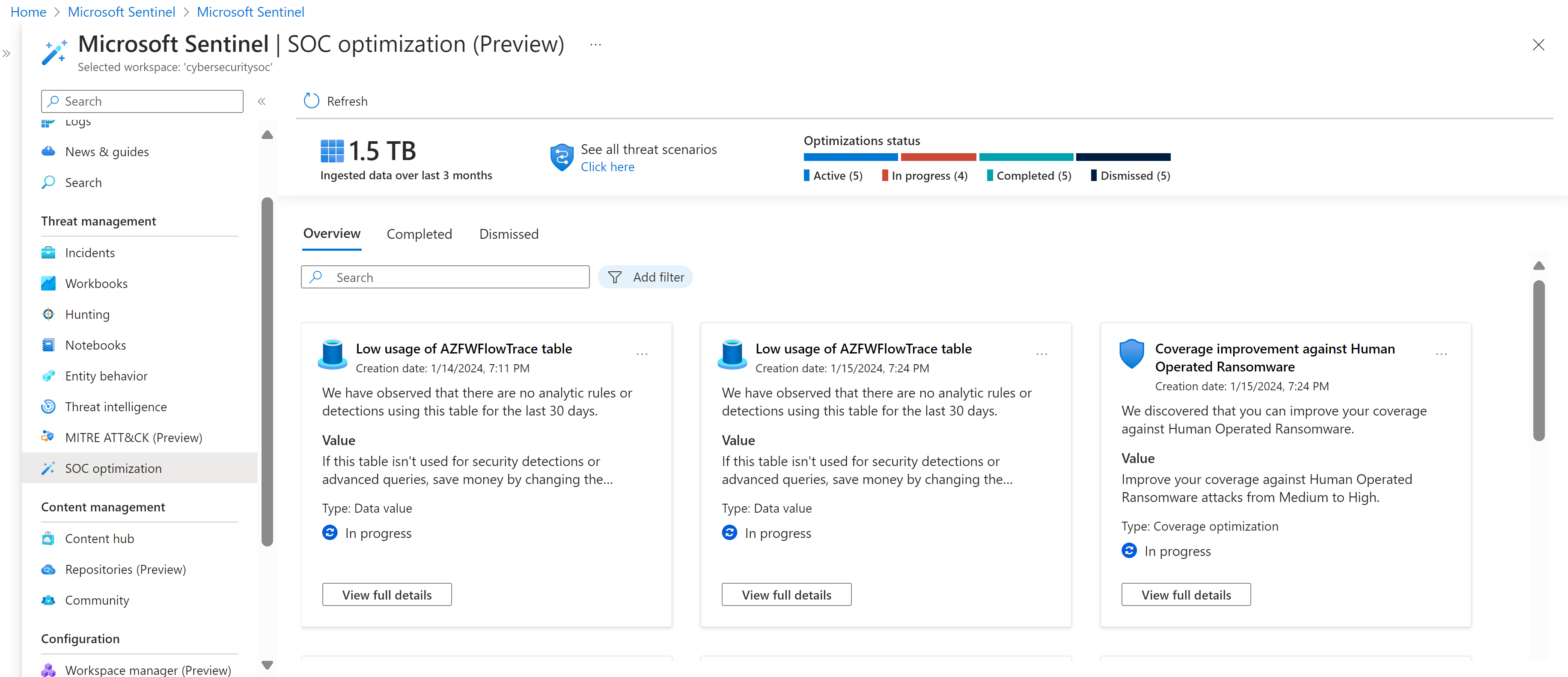 Screenshot of the SOC optimization Overview tab in the Azure portal.