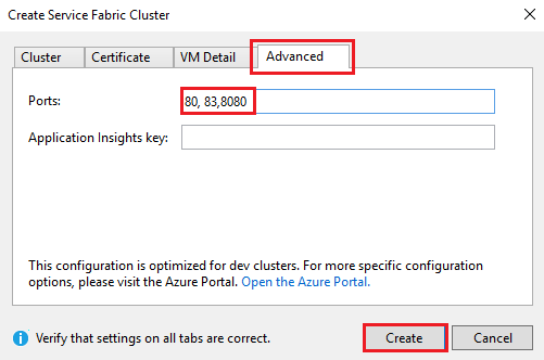 Screenshot that shows the Advanced tab of the Create Service Fabric Cluster dialog.