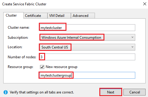 Screenshot that shows the Cluster tab of the Create Service Fabric Cluster dialog.