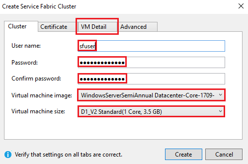 Screenshot that shows the VM Detail tab of the Create Service Fabric Cluster dialog.