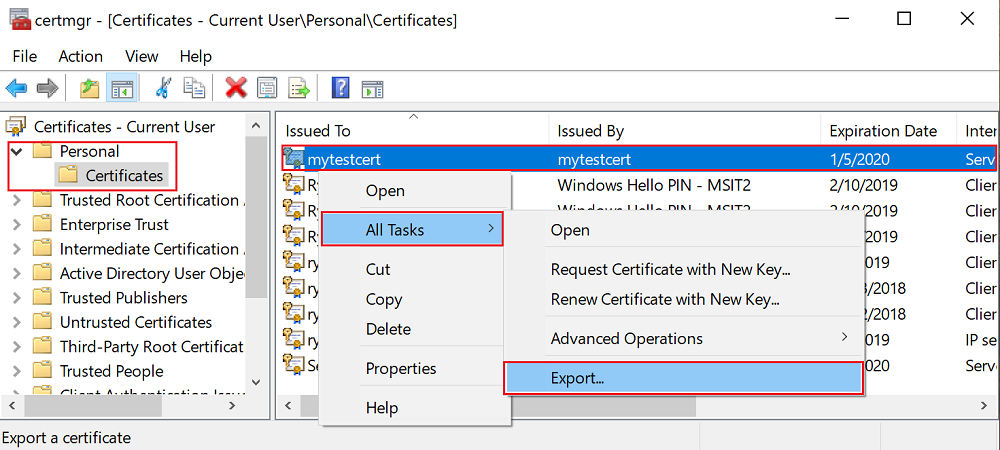 Screenshot that shows exporting the certificate.