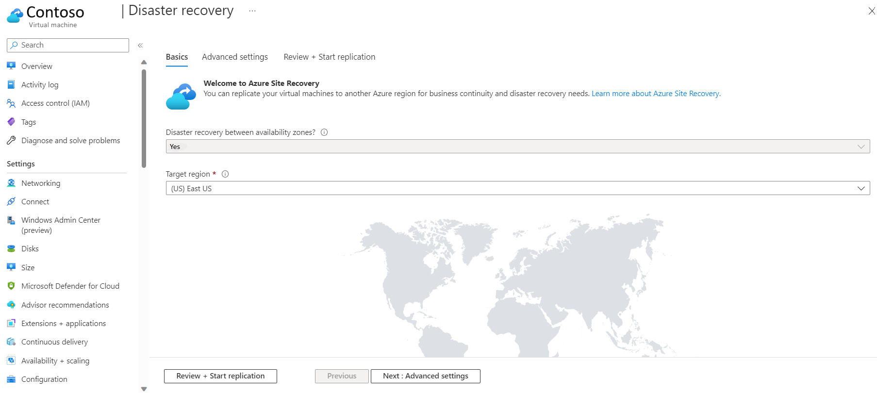 Screenshot of the page for basic settings of disaster recovery.