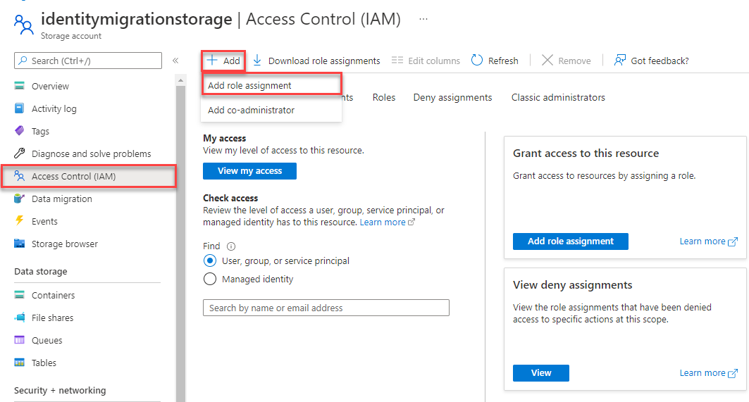 A screenshot showing how to assign a storage account role.