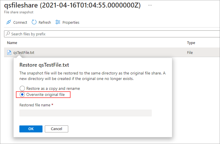 Screenshot of the Restore pop up, overwrite original file is selected.