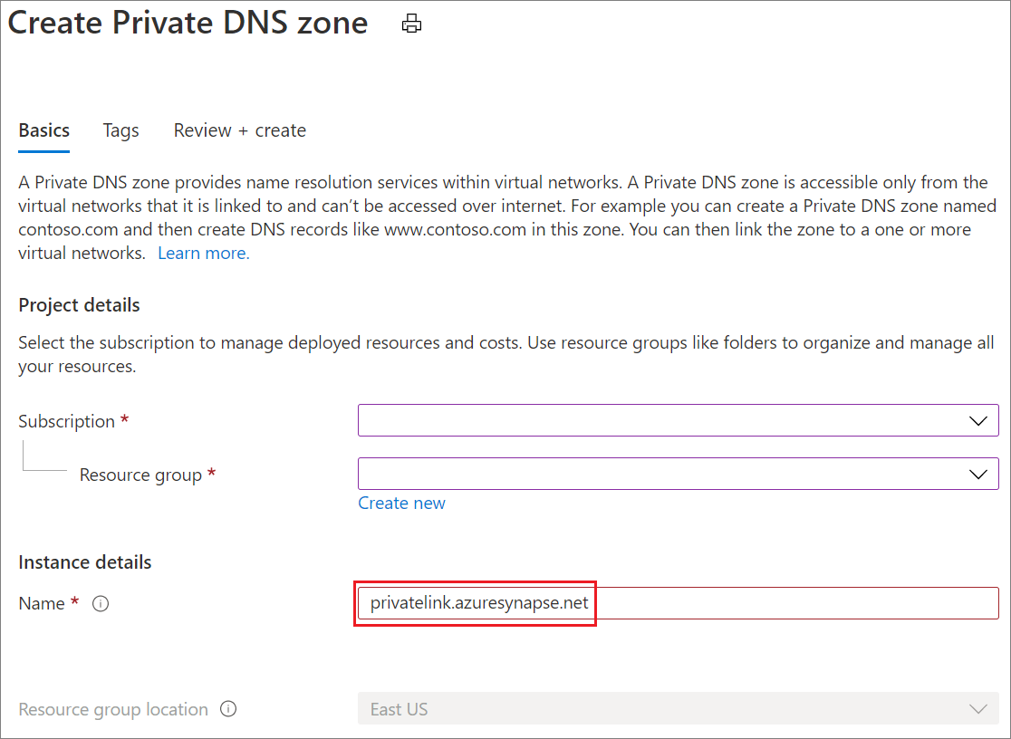 Screenshot of Create Synapse private DNS zone 2.