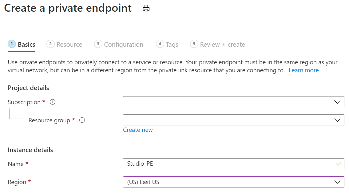 Screenshot of Create a private endpoint, Basics tab.