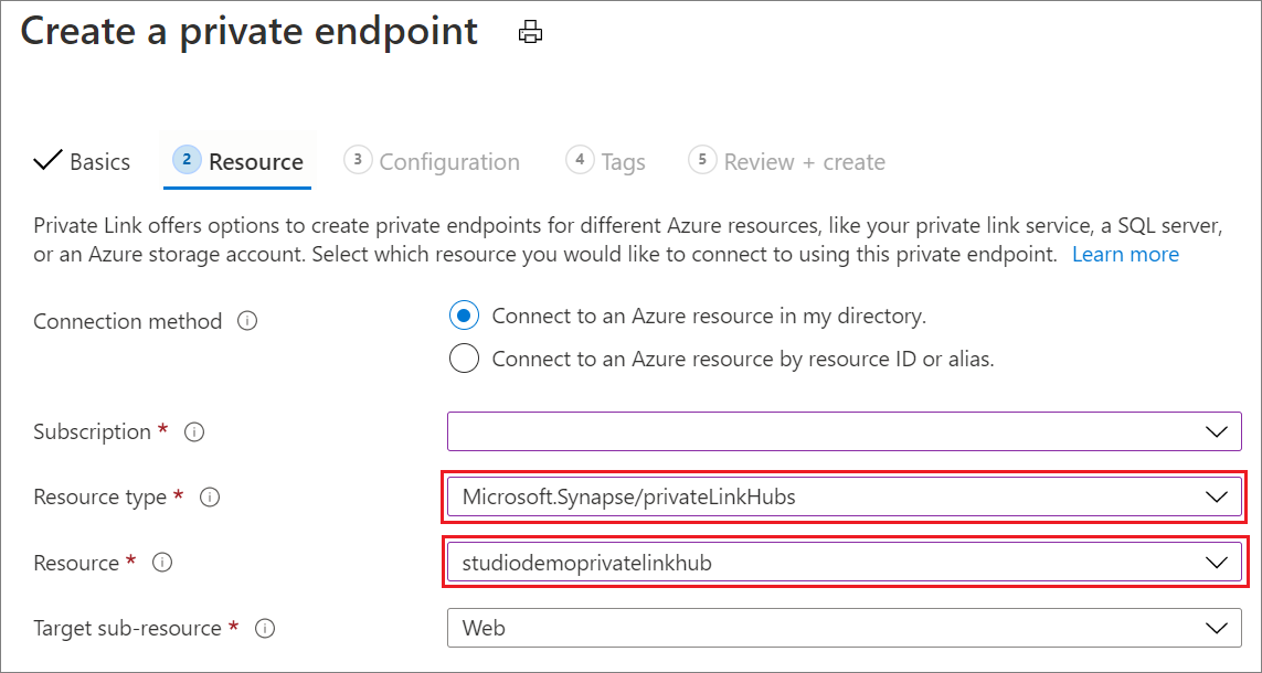 Screenshot of Create a private endpoint, Resource tab.