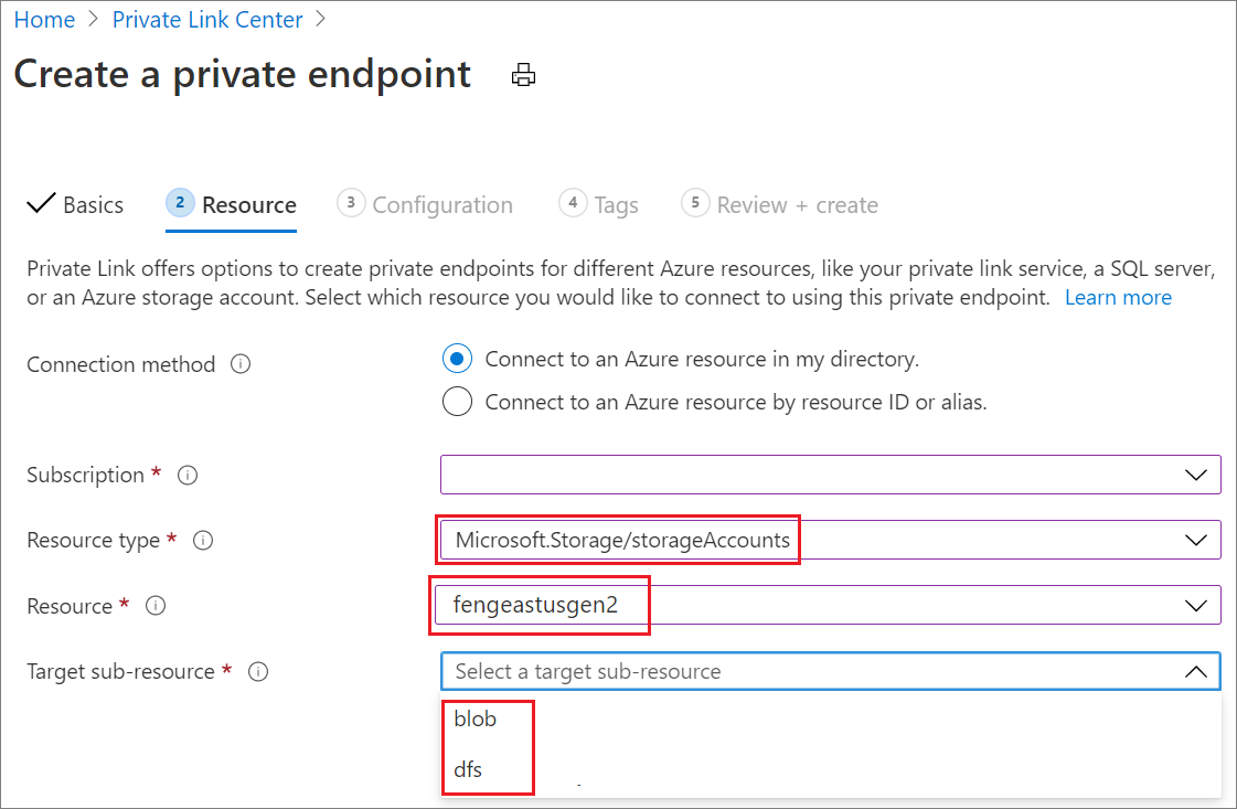 Screenshot of Create a private endpoint, Resource tab, storage.