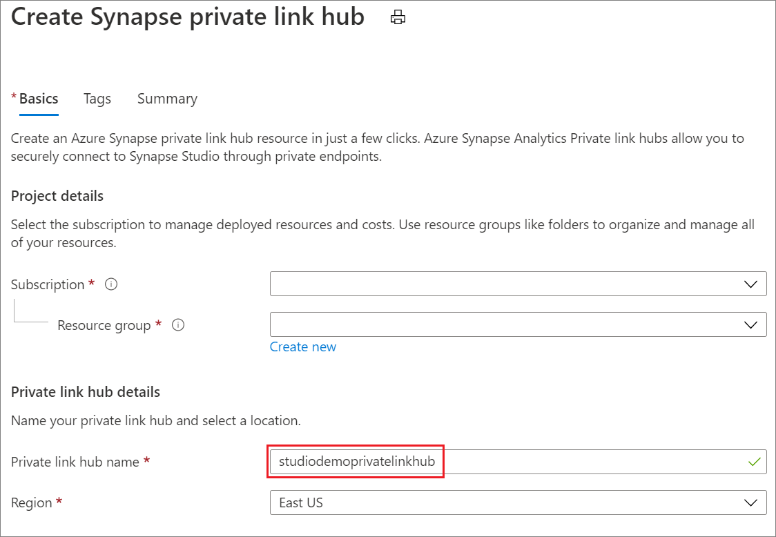 Screenshot of Create Synapse private link hub.