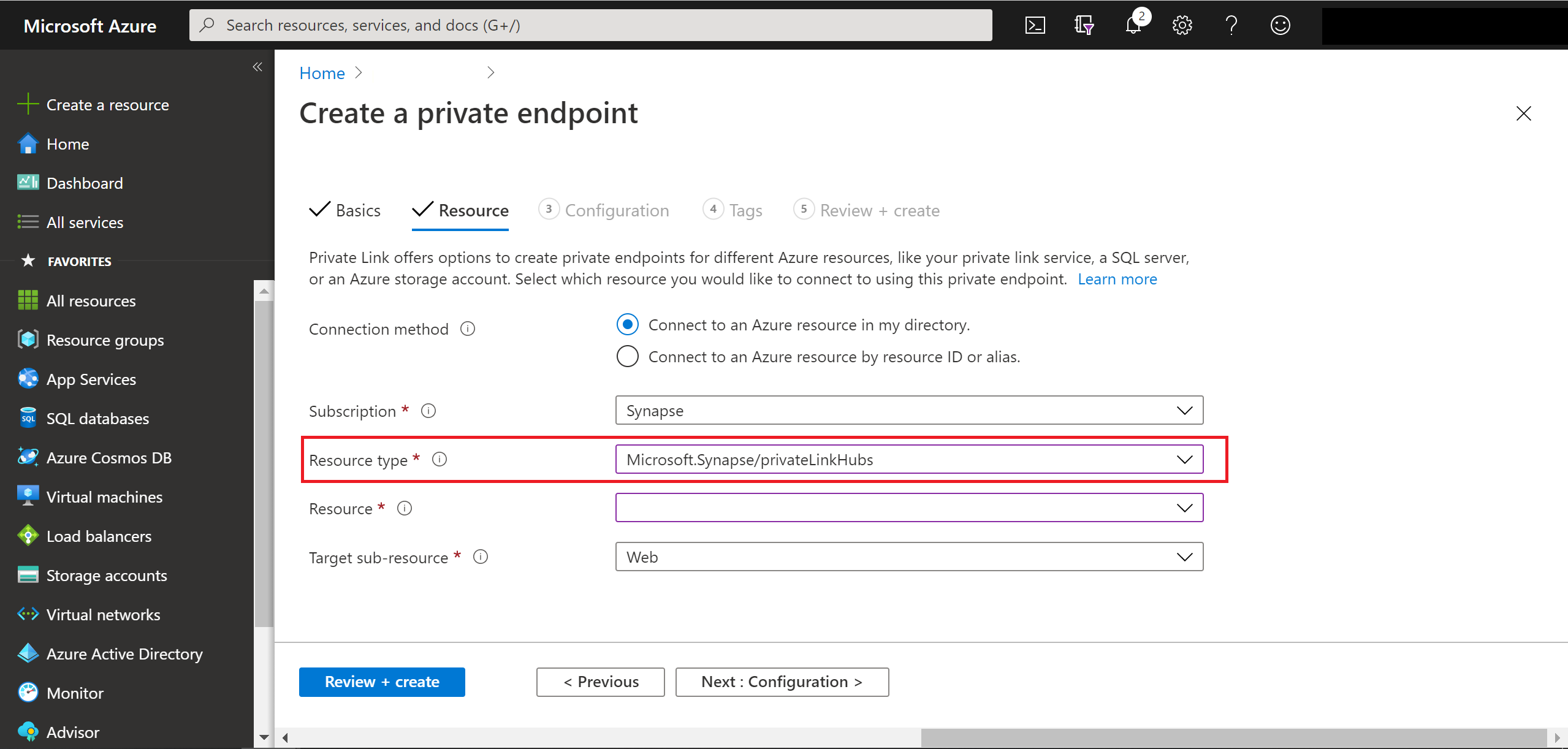 Screenshot that shows the 'Create a private endpoint' page with 'Resource type' highlighted.