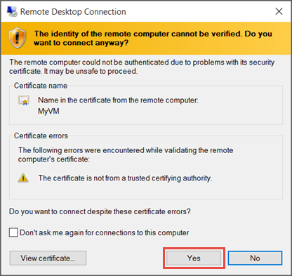 Screenshot showing a message about verifying the identity of the VM.