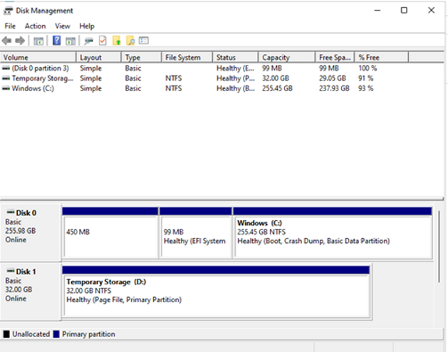 Screenshot showing the larger C: volume in Disk Manager.