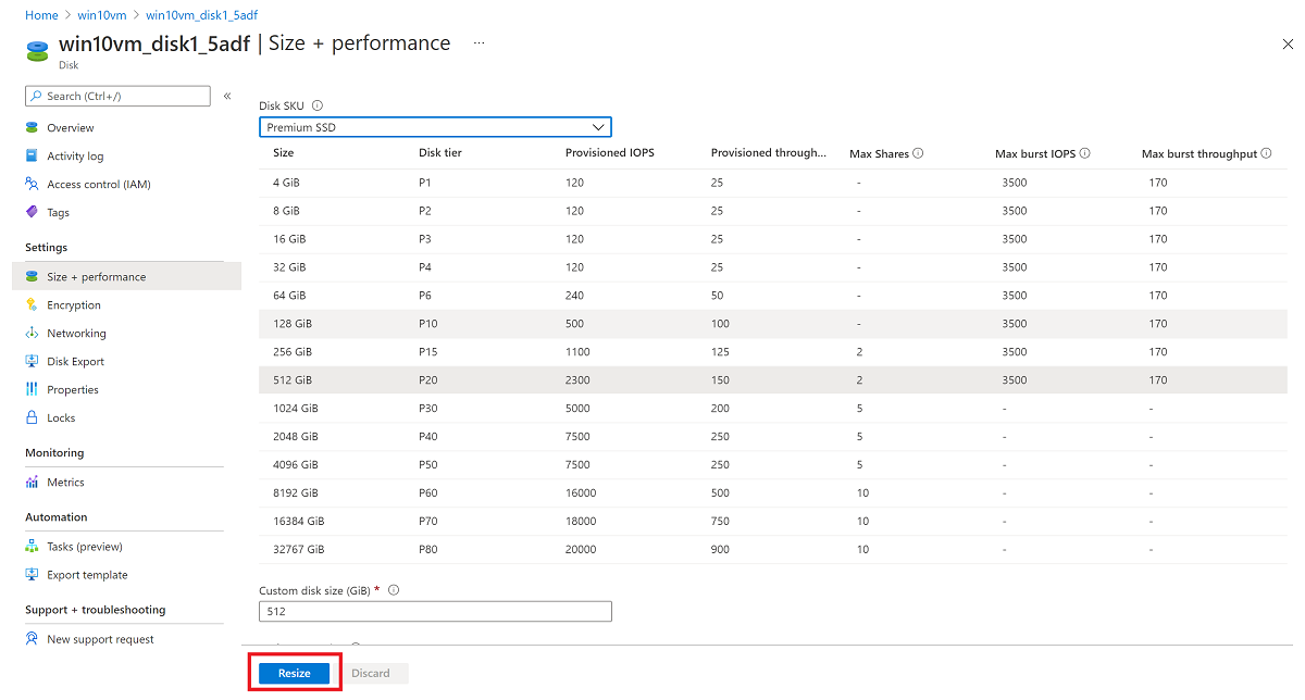 Screenshot that shows the Size and performance pane with the Resize button selected.