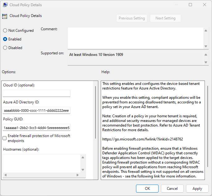 Screenshot of Windows Cloud Policy Details.