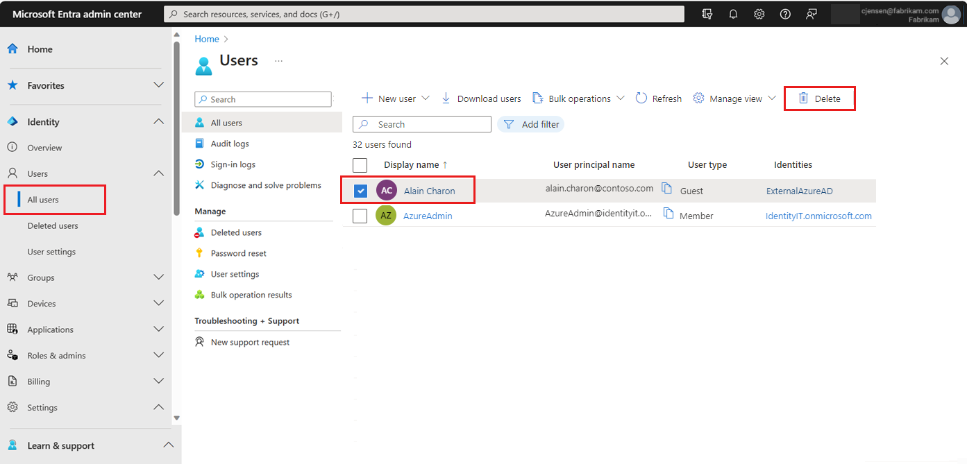 Screenshot of the All users page with a user selected and the Delete button highlighted.