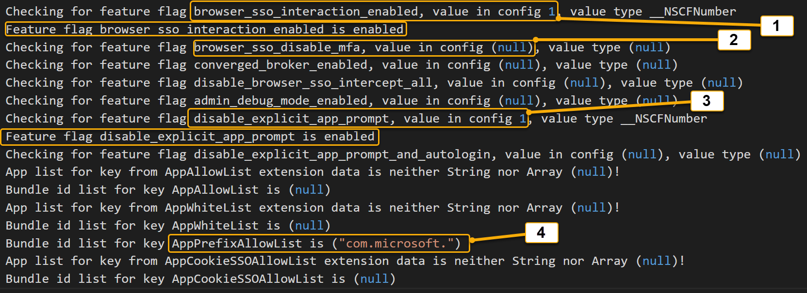 Screenshot showing an example feature flag configuration of the Microsoft SSO Extension.