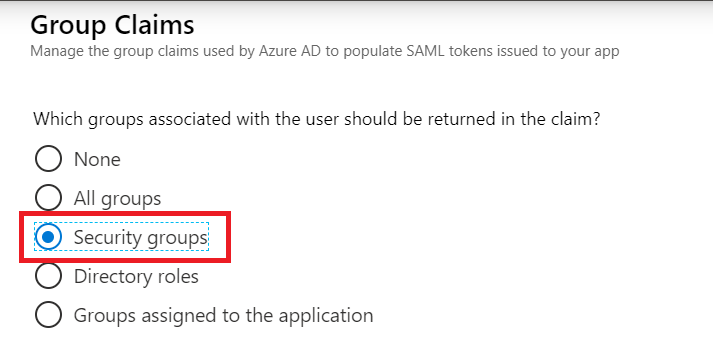 Screenshot that shows the Group Claims window, with the option for security groups selected.