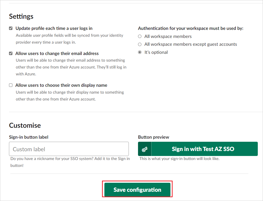 Screenshot of Configure Save configuration single sign-on On App Side.