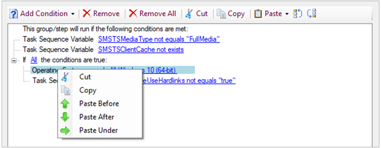 Manage conditions on the Options tab of task sequence editor.