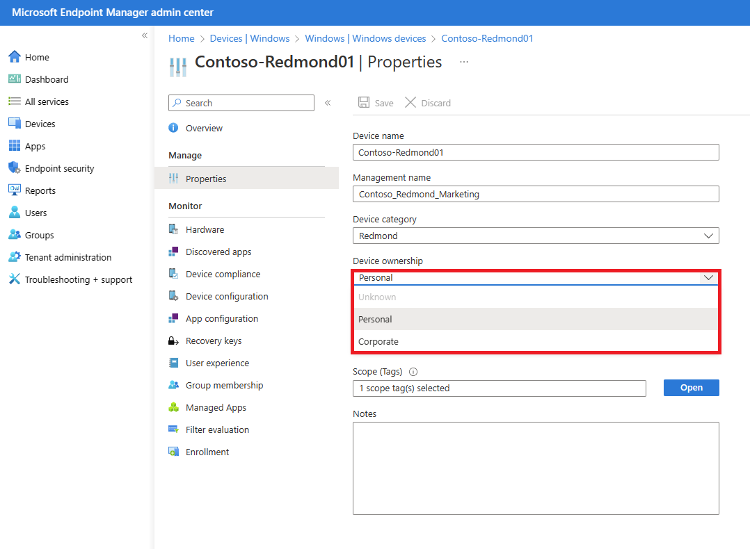 Screenshot of the Managed device properties showing Device category and Device ownership options.