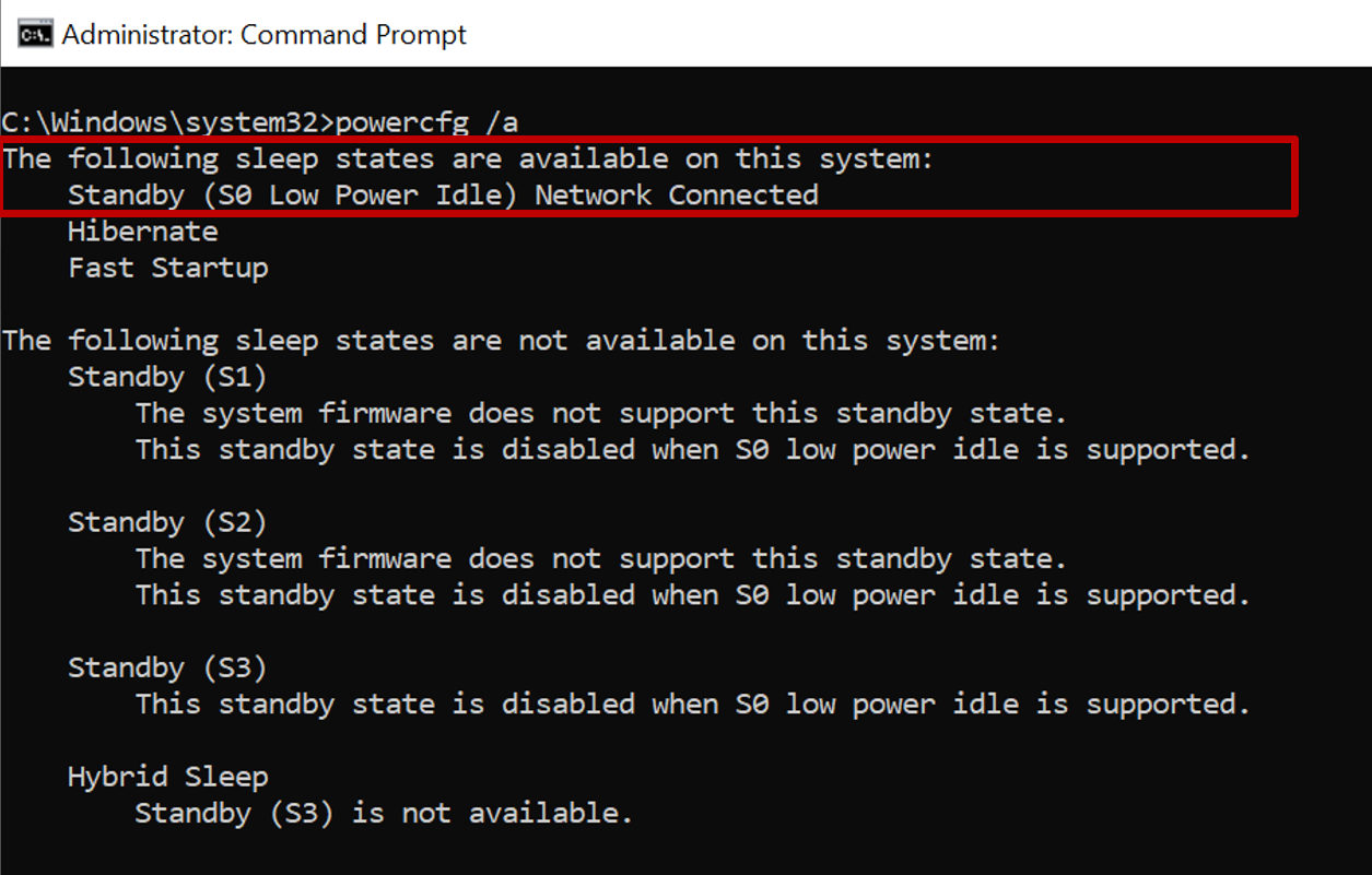 Screenshot of command prompt displaying output of powercfg command with Standby state S0 available.