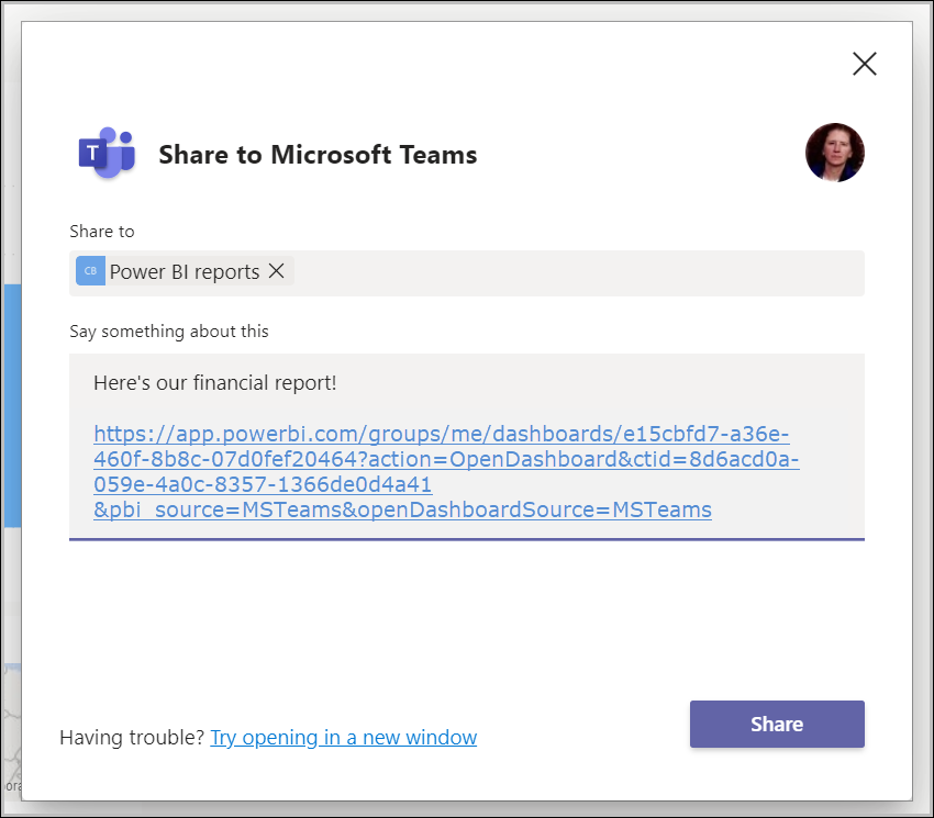 Screenshot of the Share to Teams dialog box.
