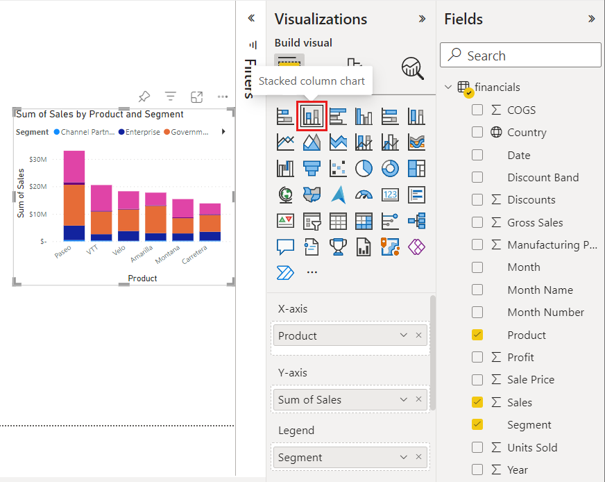 Screenshot of a Stacked column chart in the report editor.