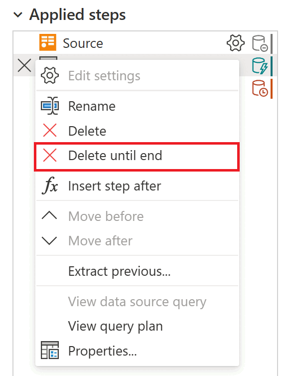Screenshot of the step menu with the delete until end option emphasized.